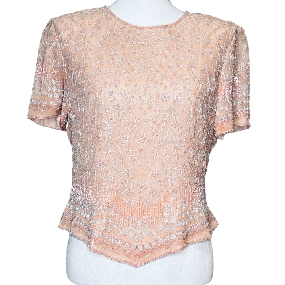 Adrianna Papell Occasions Peachy Pink Sequined Short Sleeve Blouse Women Size 12